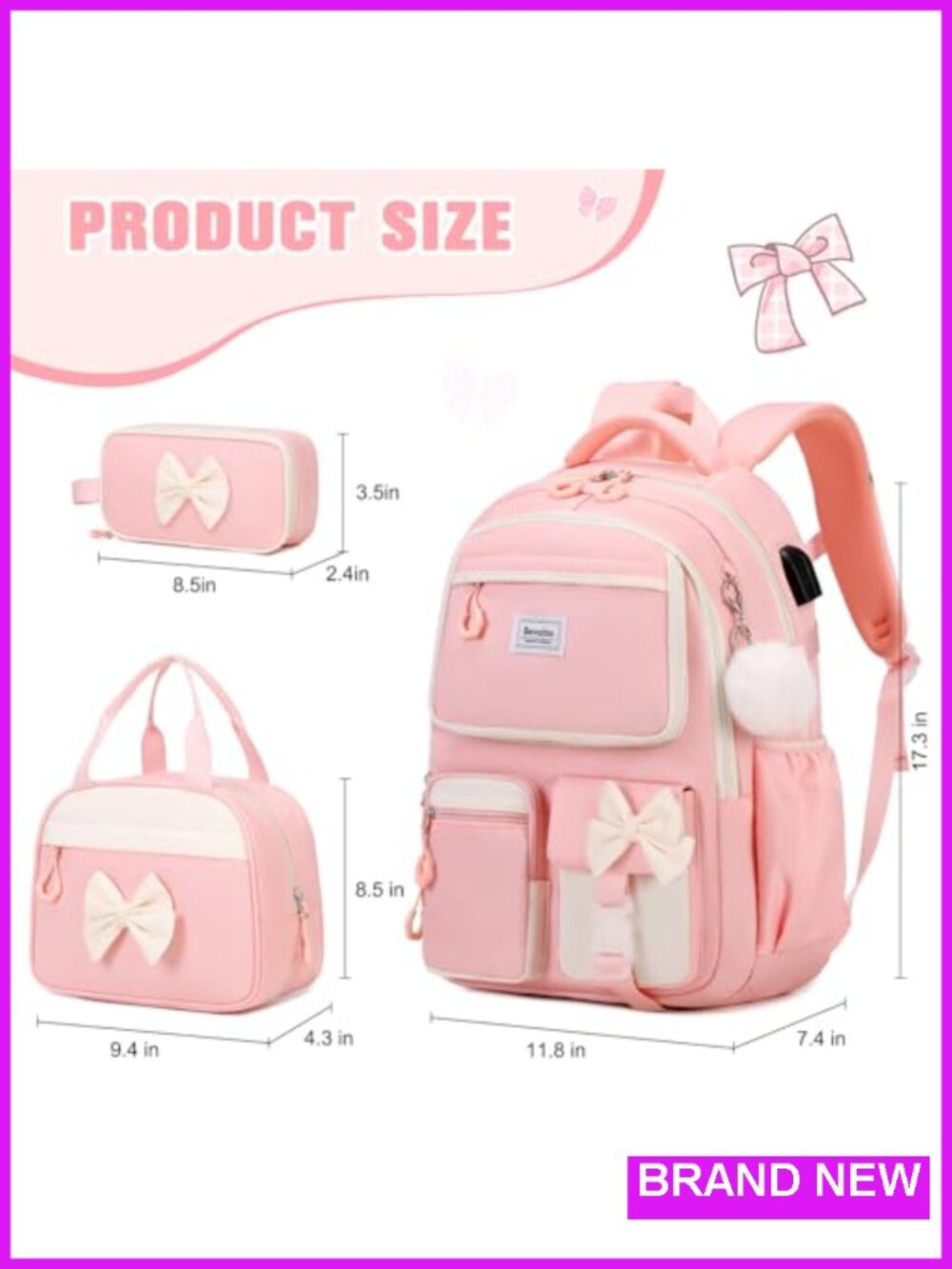 Kids Backpack with Lunch Bag & Pen Case - USB Charging Port - Picture 2 of 5